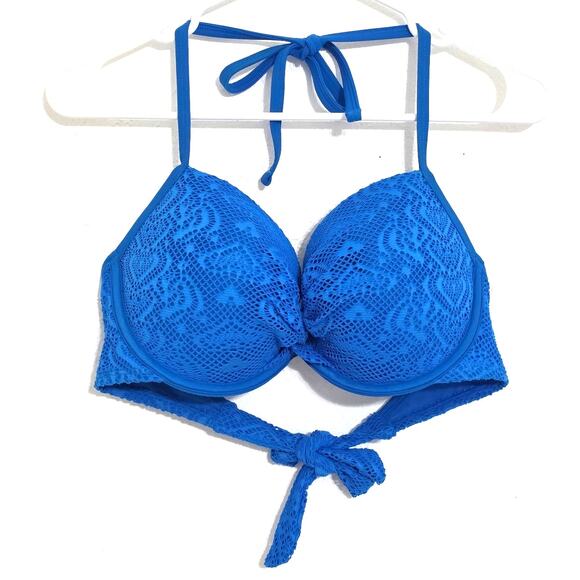 Aerie Twist Front Underwire Lace Overlay Halter Bikini Top Blue Size 36DD - Picture 1 of 9